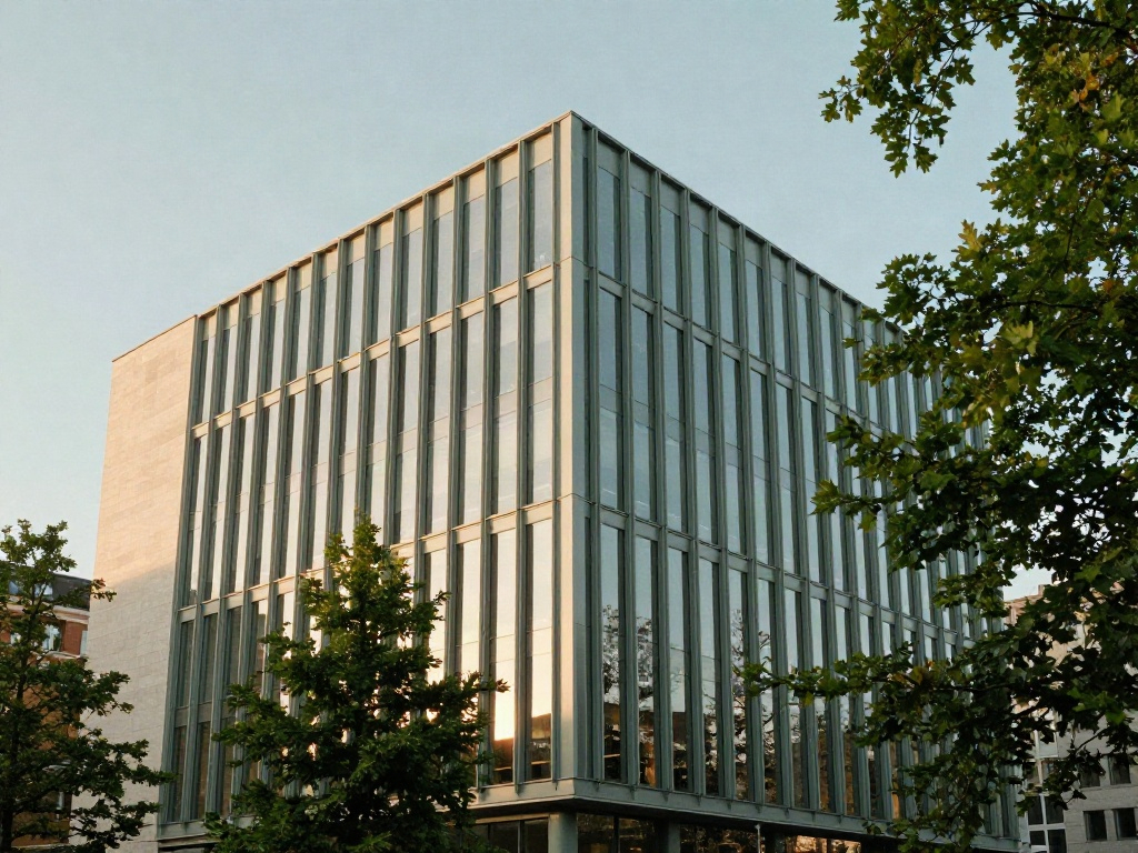 Sunlit contemporary office architecture framed by green trees, reflecting a clear perspective on business